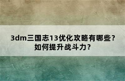 3dm三国志13优化攻略有哪些？如何提升战斗力？