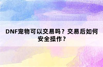 DNF宠物可以交易吗？交易后如何安全操作？