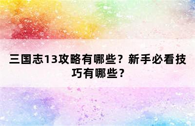 三国志13攻略有哪些？新手必看技巧有哪些？