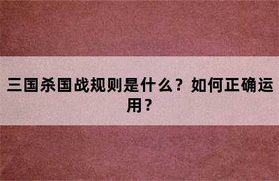 三国杀国战规则是什么？如何正确运用？