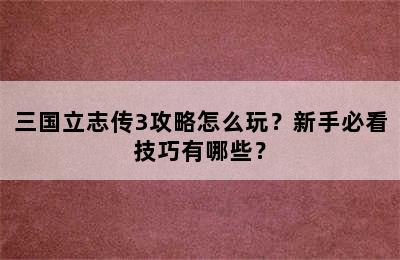 三国立志传3攻略怎么玩？新手必看技巧有哪些？