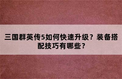 三国群英传5如何快速升级？装备搭配技巧有哪些？