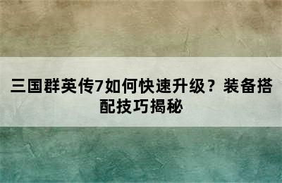 三国群英传7如何快速升级？装备搭配技巧揭秘