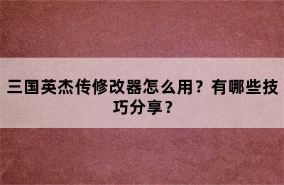 三国英杰传修改器怎么用？有哪些技巧分享？