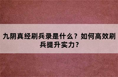 九阴真经刷兵录是什么？如何高效刷兵提升实力？