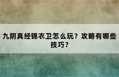 九阴真经锦衣卫怎么玩？攻略有哪些技巧？