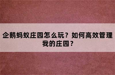 企鹅蚂蚁庄园怎么玩？如何高效管理我的庄园？