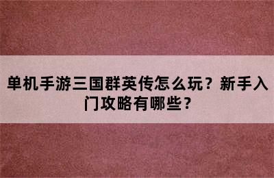 单机手游三国群英传怎么玩？新手入门攻略有哪些？