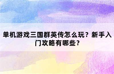 单机游戏三国群英传怎么玩？新手入门攻略有哪些？