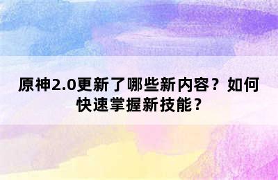 原神2.0更新了哪些新内容？如何快速掌握新技能？