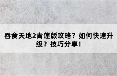 吞食天地2青莲版攻略？如何快速升级？技巧分享！