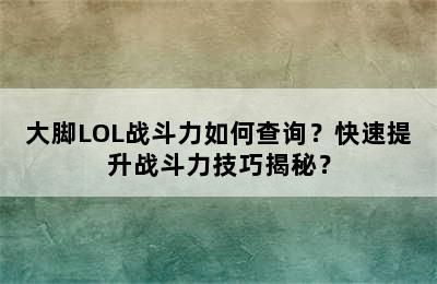 大脚LOL战斗力如何查询？快速提升战斗力技巧揭秘？