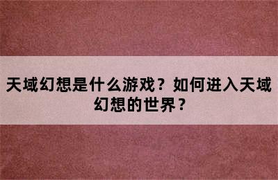 天域幻想是什么游戏？如何进入天域幻想的世界？