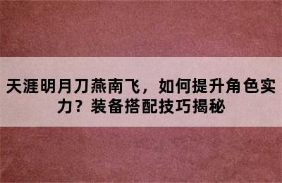 天涯明月刀燕南飞，如何提升角色实力？装备搭配技巧揭秘