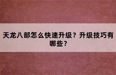 天龙八部怎么快速升级？升级技巧有哪些？