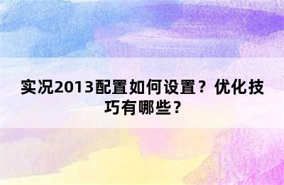 实况2013配置如何设置？优化技巧有哪些？