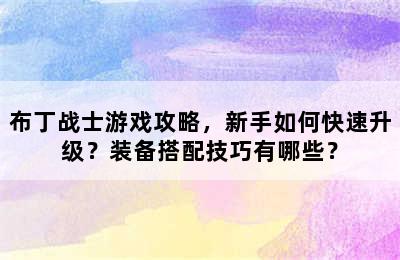 布丁战士游戏攻略，新手如何快速升级？装备搭配技巧有哪些？