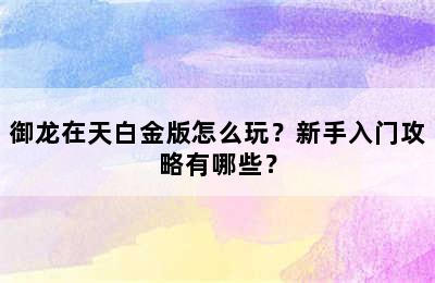 御龙在天白金版怎么玩？新手入门攻略有哪些？