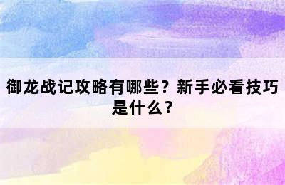 御龙战记攻略有哪些？新手必看技巧是什么？