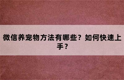 微信养宠物方法有哪些？如何快速上手？