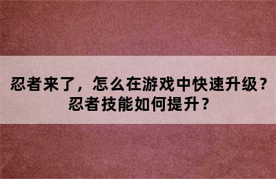 忍者来了，怎么在游戏中快速升级？忍者技能如何提升？