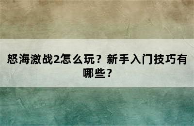 怒海激战2怎么玩？新手入门技巧有哪些？