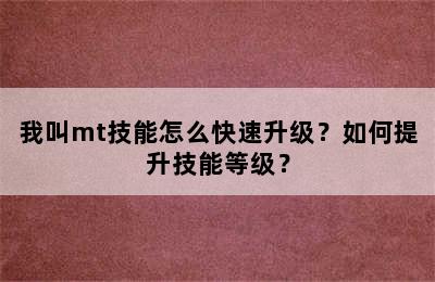 我叫mt技能怎么快速升级？如何提升技能等级？