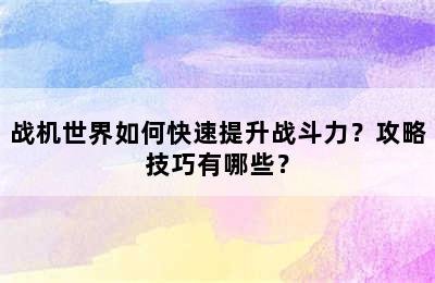 战机世界如何快速提升战斗力？攻略技巧有哪些？