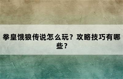 拳皇饿狼传说怎么玩？攻略技巧有哪些？