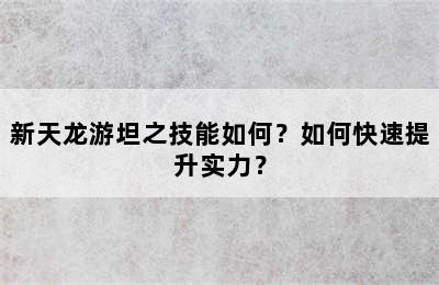 新天龙游坦之技能如何？如何快速提升实力？