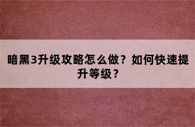 暗黑3升级攻略怎么做？如何快速提升等级？