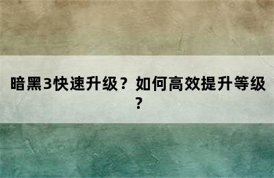 暗黑3快速升级？如何高效提升等级？