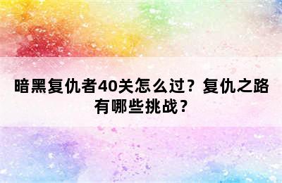 暗黑复仇者40关怎么过？复仇之路有哪些挑战？