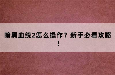 暗黑血统2怎么操作？新手必看攻略！