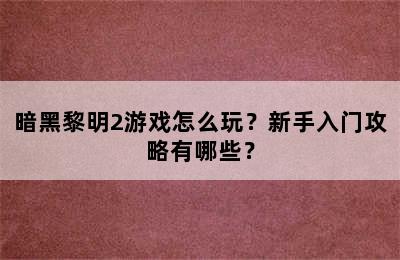 暗黑黎明2游戏怎么玩？新手入门攻略有哪些？