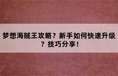 梦想海贼王攻略？新手如何快速升级？技巧分享！