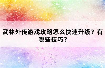 武林外传游戏攻略怎么快速升级？有哪些技巧？