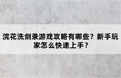 浣花洗剑录游戏攻略有哪些？新手玩家怎么快速上手？