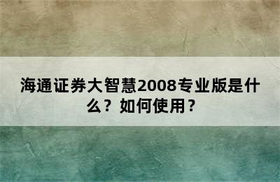 海通证券大智慧2008专业版是什么？如何使用？