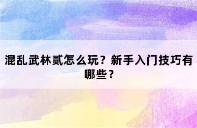 混乱武林贰怎么玩？新手入门技巧有哪些？