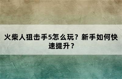 火柴人狙击手5怎么玩？新手如何快速提升？