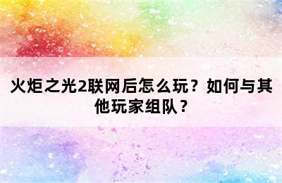 火炬之光2联网后怎么玩？如何与其他玩家组队？