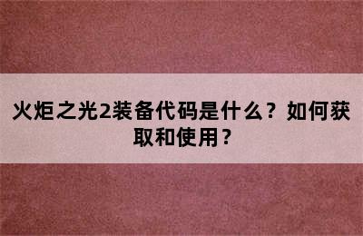 火炬之光2装备代码是什么？如何获取和使用？