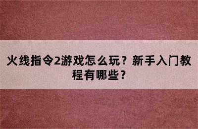 火线指令2游戏怎么玩？新手入门教程有哪些？