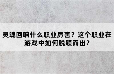 灵魂回响什么职业厉害？这个职业在游戏中如何脱颖而出？