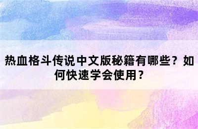 热血格斗传说中文版秘籍有哪些？如何快速学会使用？