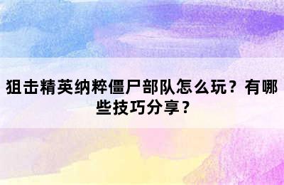 狙击精英纳粹僵尸部队怎么玩？有哪些技巧分享？