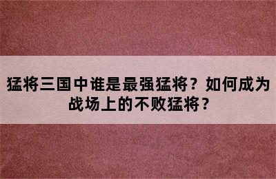 猛将三国中谁是最强猛将？如何成为战场上的不败猛将？