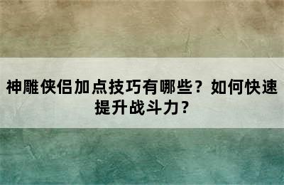 神雕侠侣加点技巧有哪些？如何快速提升战斗力？