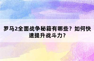 罗马2全面战争秘籍有哪些？如何快速提升战斗力？